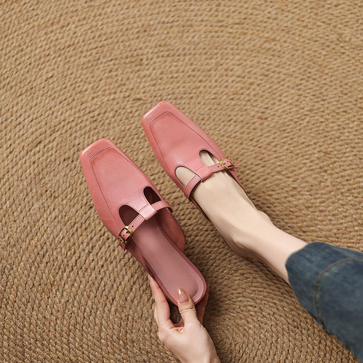 Edith mules, close-up of T-strap buckle