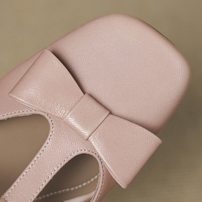Penelope | Bow T-Bar Leather Heeled Mules