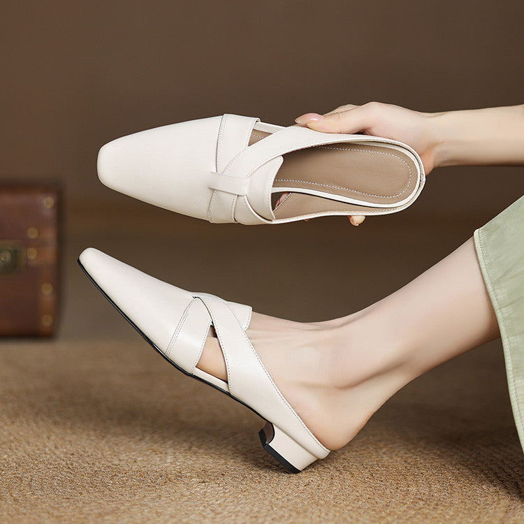 Close-up of low heel on Carmen leather mules