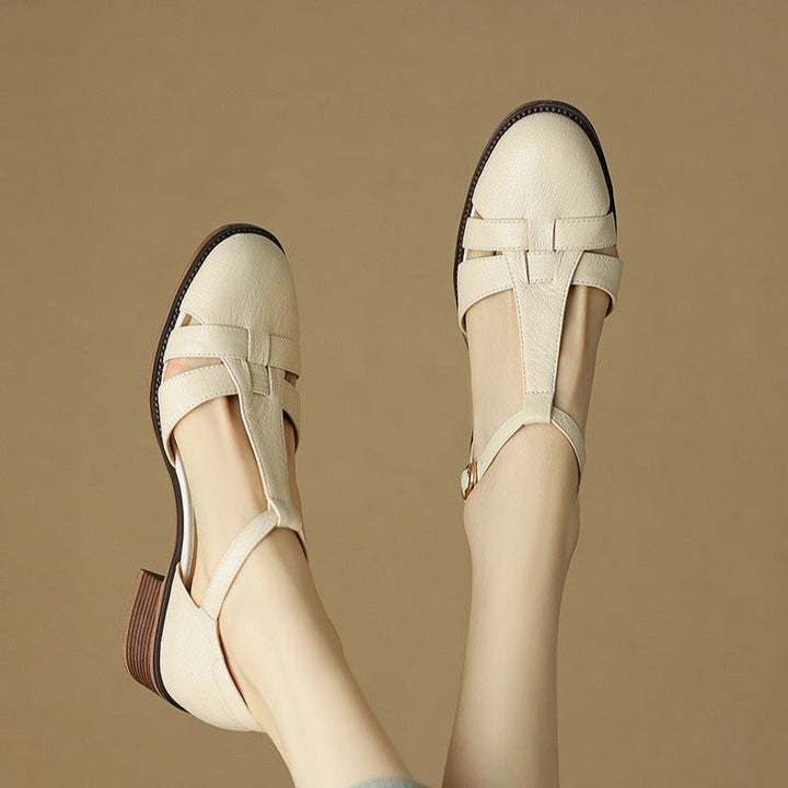 Sole and heel detail of Geraldine cutwork leather T-bar heels