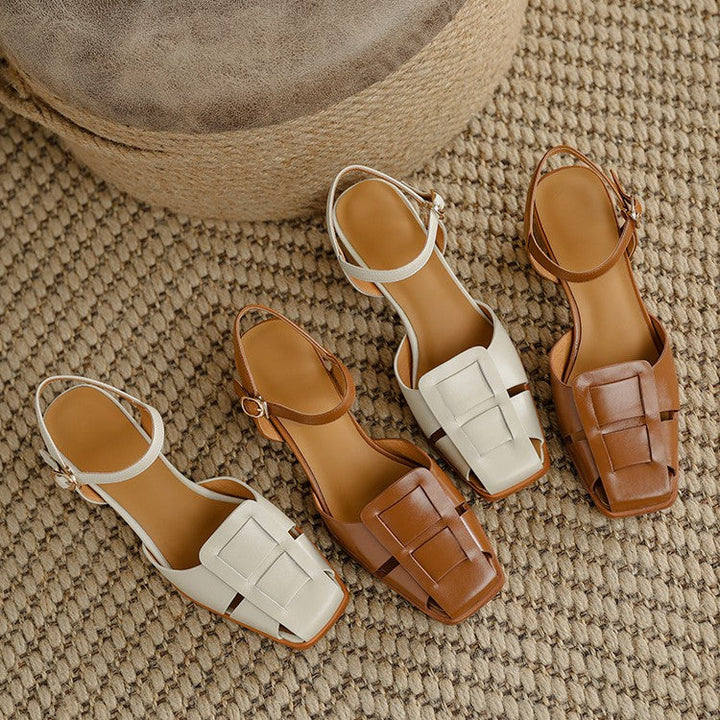 Audrey cutout leather ankle-strap heels, both colors side by side