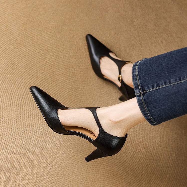 Close-up of heel on Constance leather T-bar heels