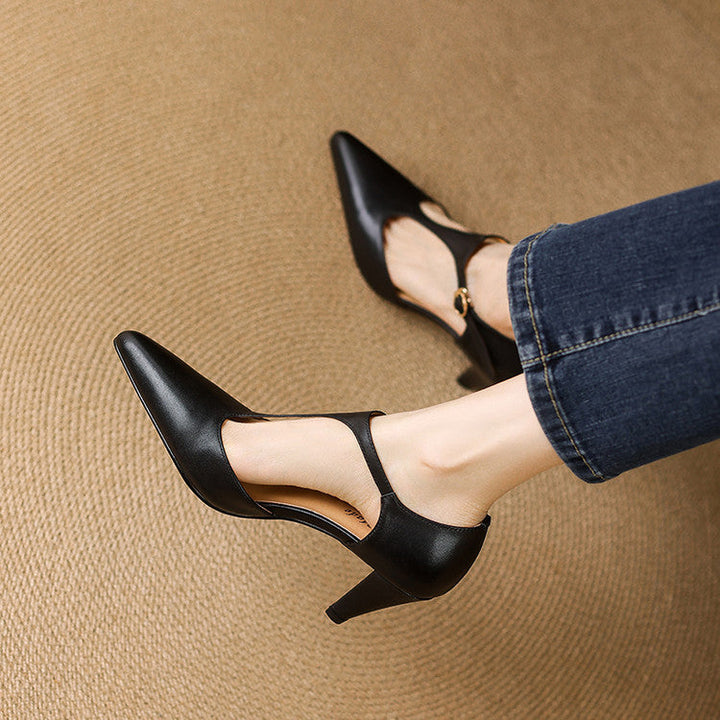 Close-up of heel on Constance leather T-bar heels
