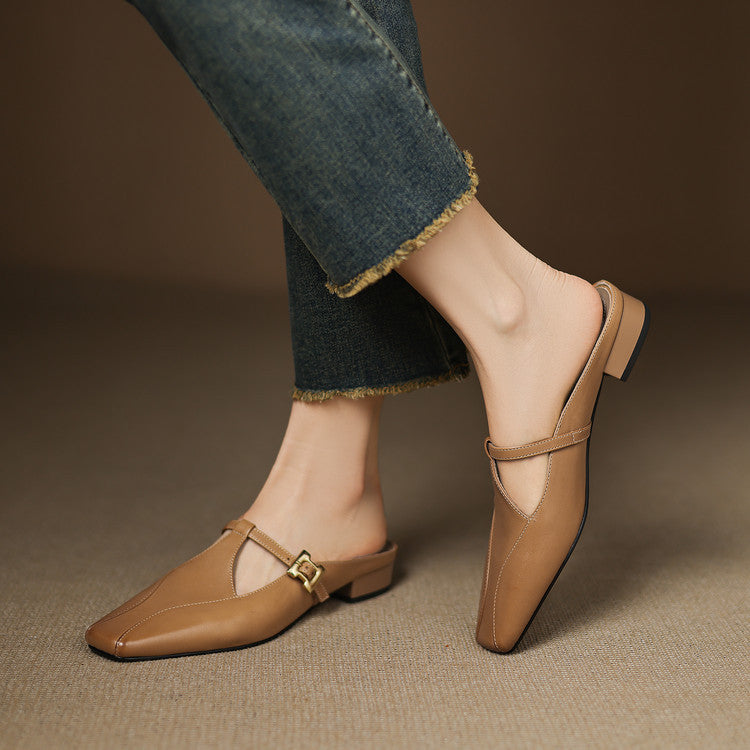 Rose Blush leather heeled mule, side view of low heel