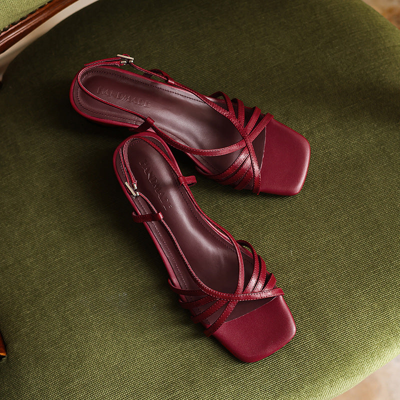 Sandra | Strappy Square-Toe Leather Sandal Heels