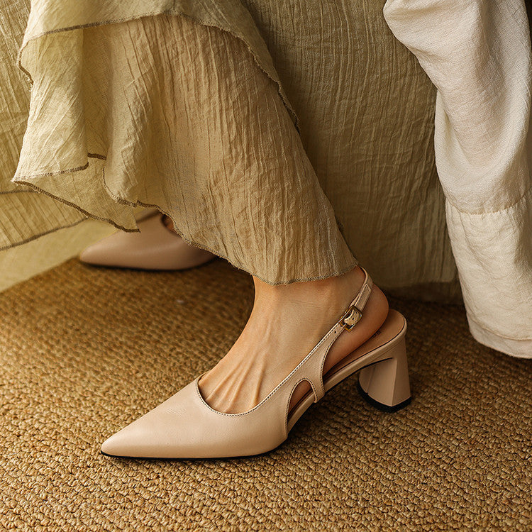 Sandstone Beige leather slingback heel with pointed toe, three-quarter view