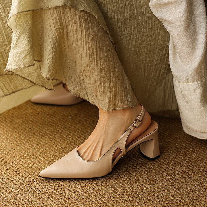 Sandstone Beige leather slingback heel with pointed toe, three-quarter view