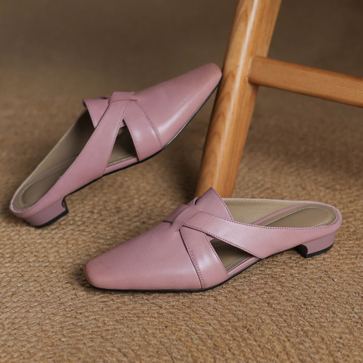 Cross-strap leather heeled mules, top view of Blush Mauve pair