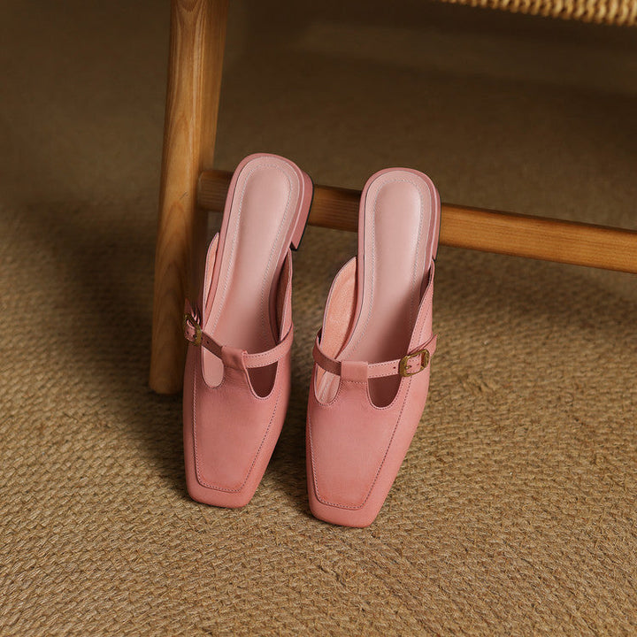 Square-toe T-strap leather mules, top view of Blush Terracotta pair