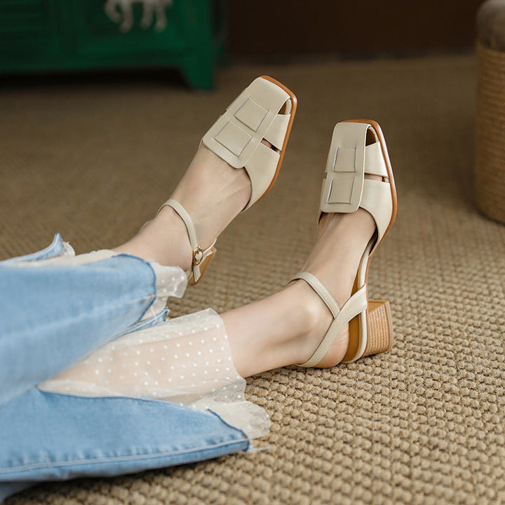 Close-up of heel on Audrey cutout leather heels