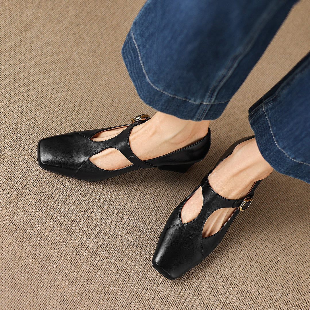 Doris | Square-Toe Leather T-Bar Heels