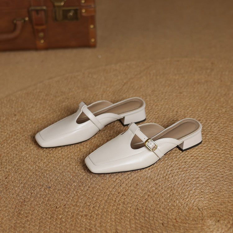 Edith square-toe T-strap leather mules, all three colors