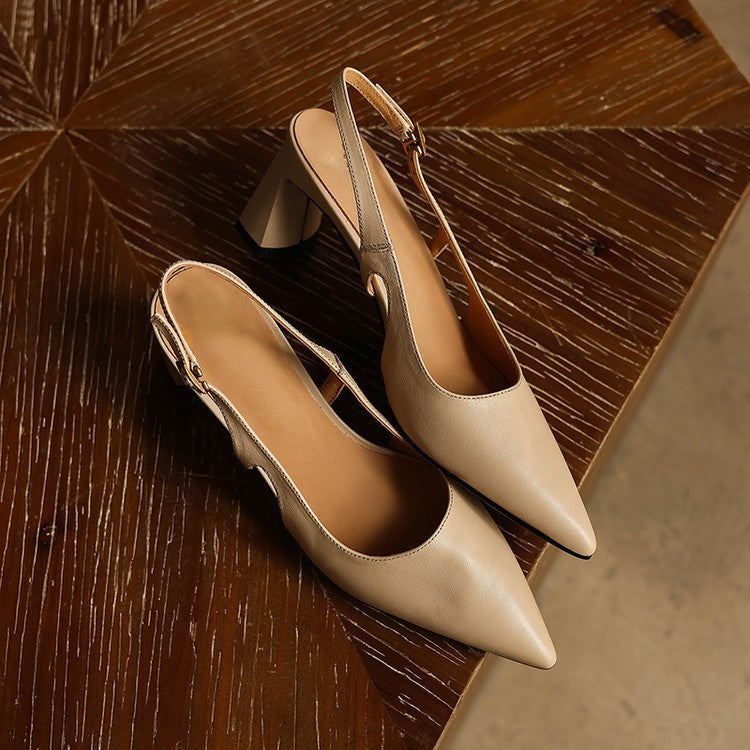 Pointed leather slingback heels, top view of Sandstone Beige pair