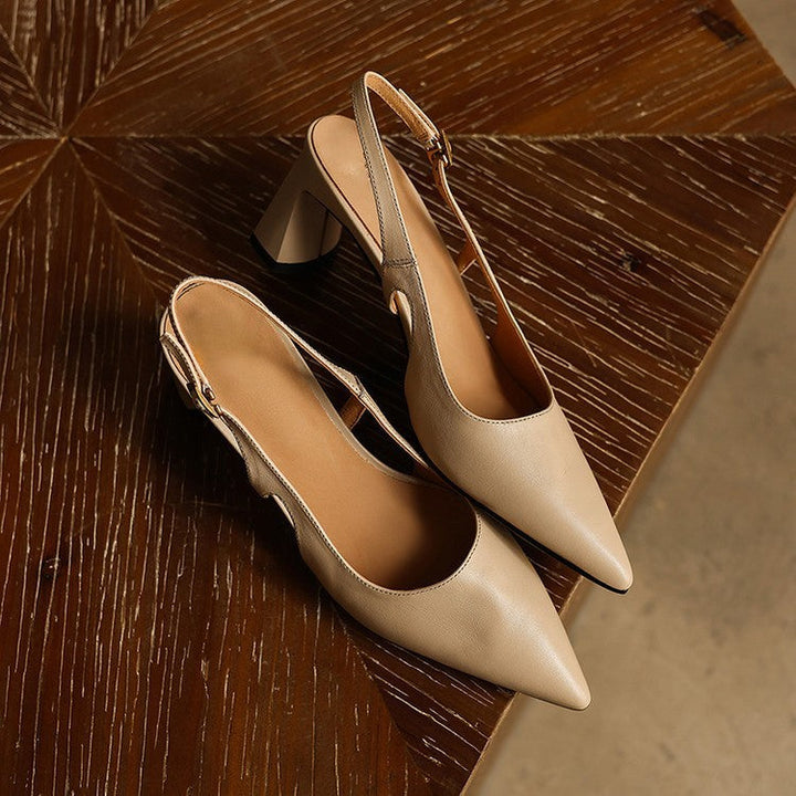 Pointed leather slingback heels, top view of Sandstone Beige pair