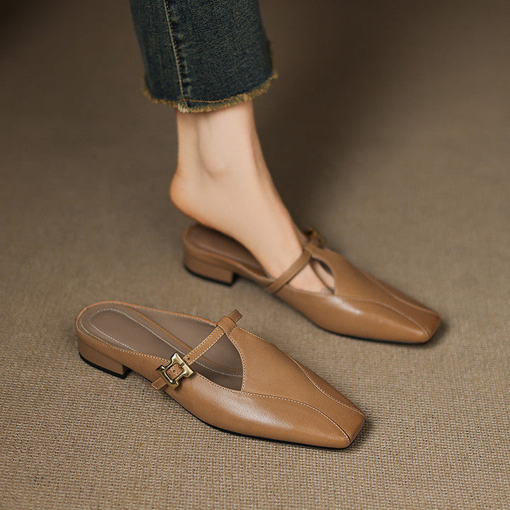 Caramel Tan top-grain leather mule with square toe and cutout, three-quarter view