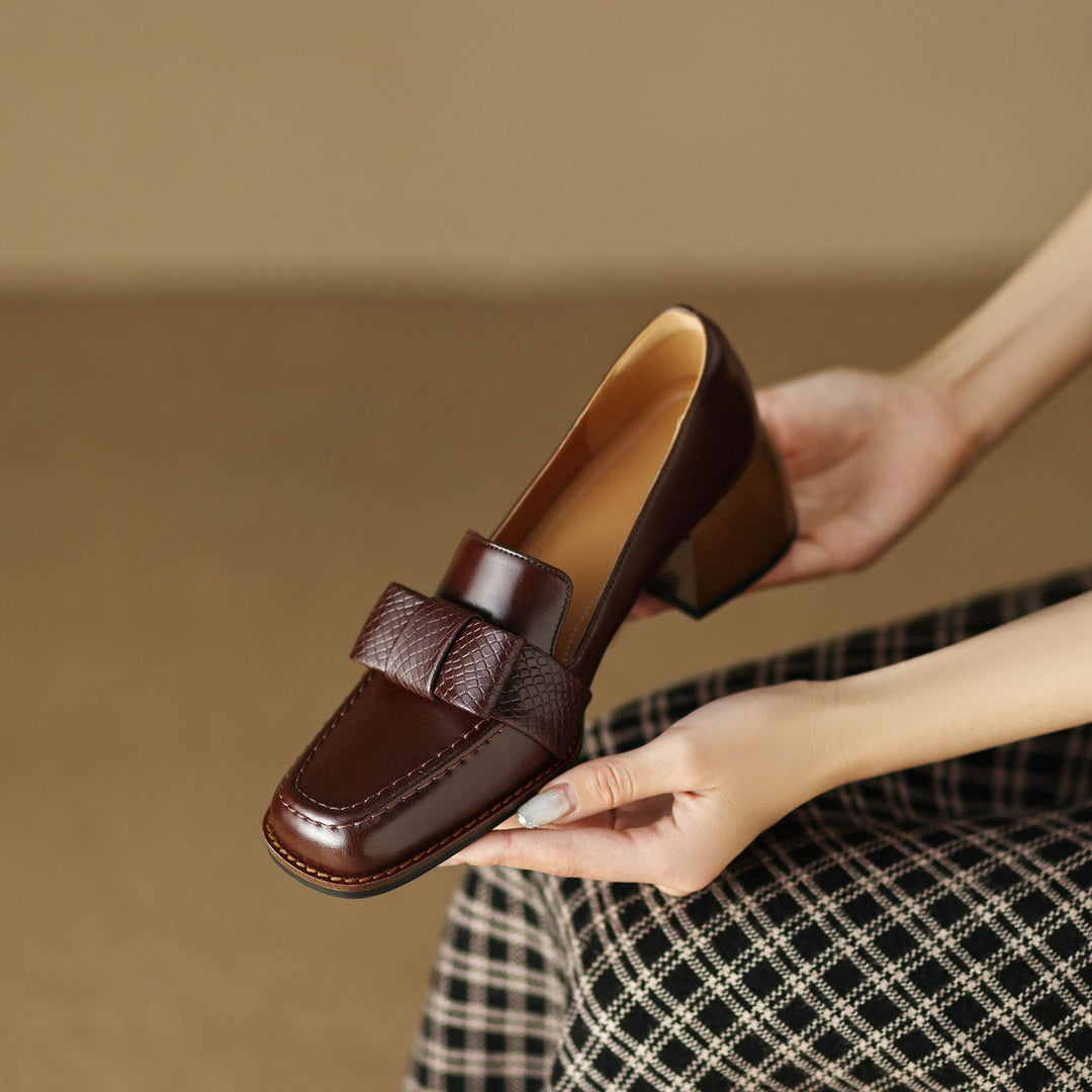 Bow leather loafer pump, angled block-heel view