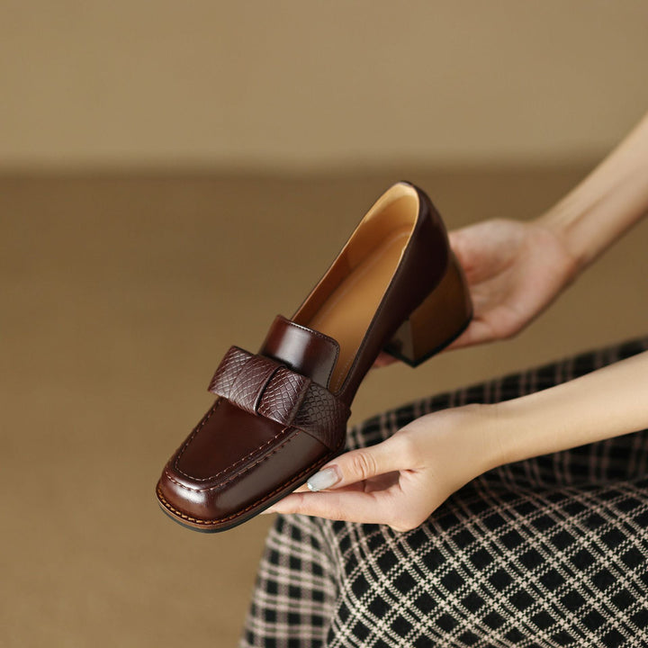 Bow leather loafer pump, angled block-heel view