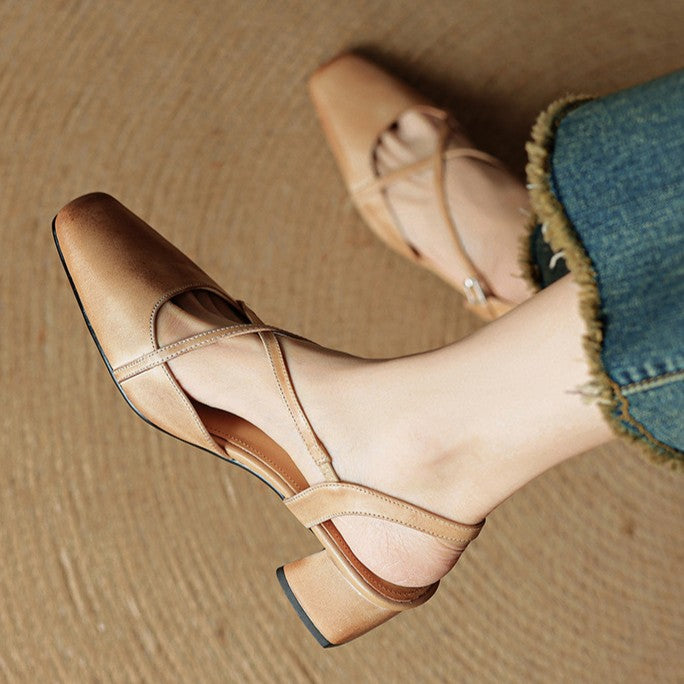Leather slingback heel, back view showing the adjustable strap