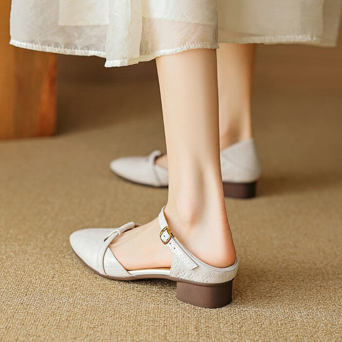 Soft Almond Cynthia Mary-Janes styled with a midi skirt