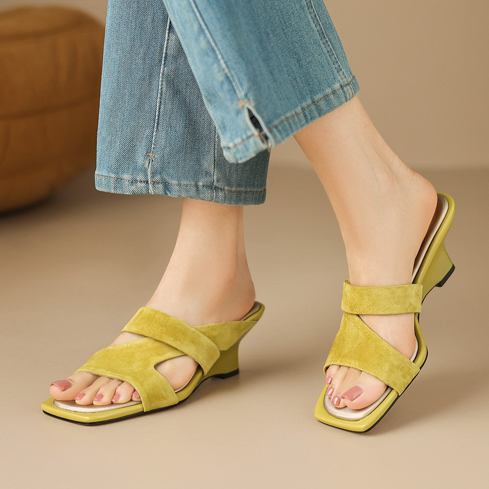 Soft Citron suede wedge mule with square open toe, three-quarter view