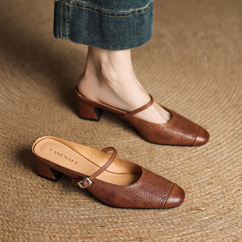 Chestnut Brown embossed leather mule with slim buckle strap, three-quarter view