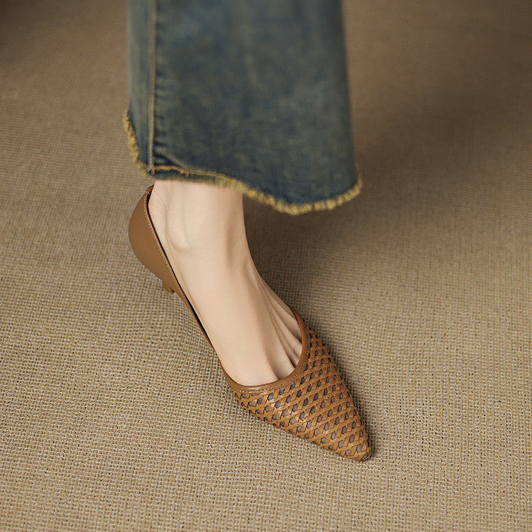 Woven leather pointed heels, top view of Amber Tan pair