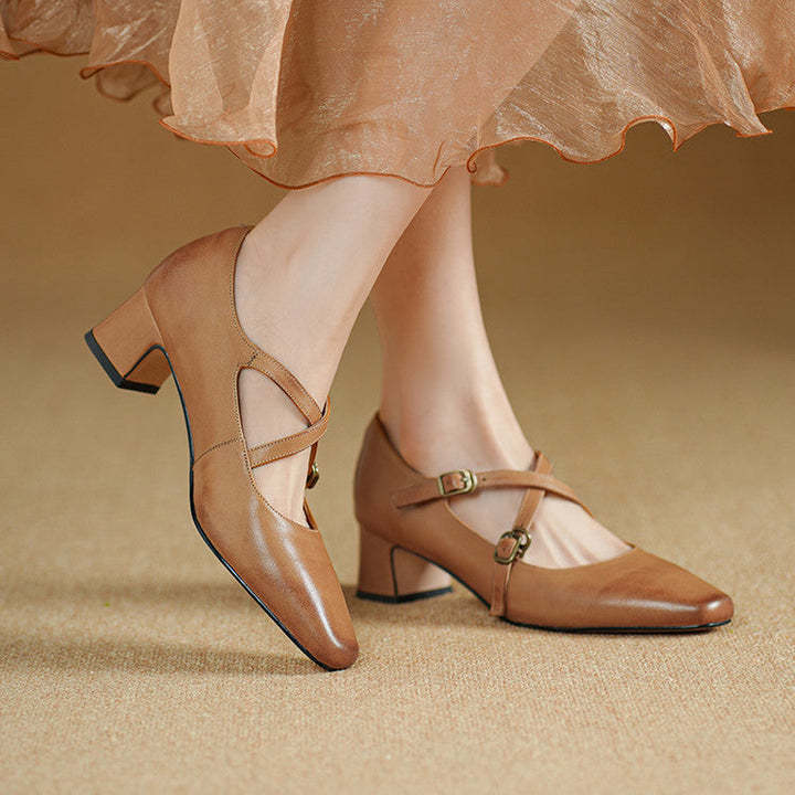 Rose Pink leather Mary-Jane heel, side view of block heel
