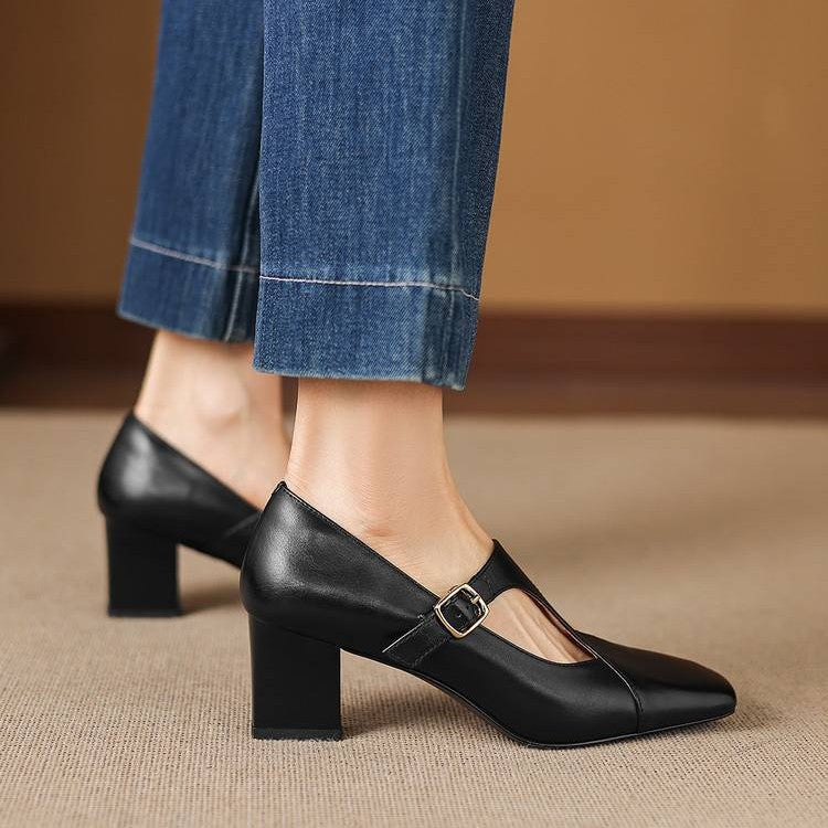 Doris | Square-Toe Leather T-Bar Heels