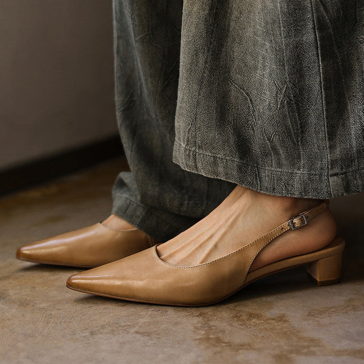 Nora pointed leather slingback heel, three-quarter view