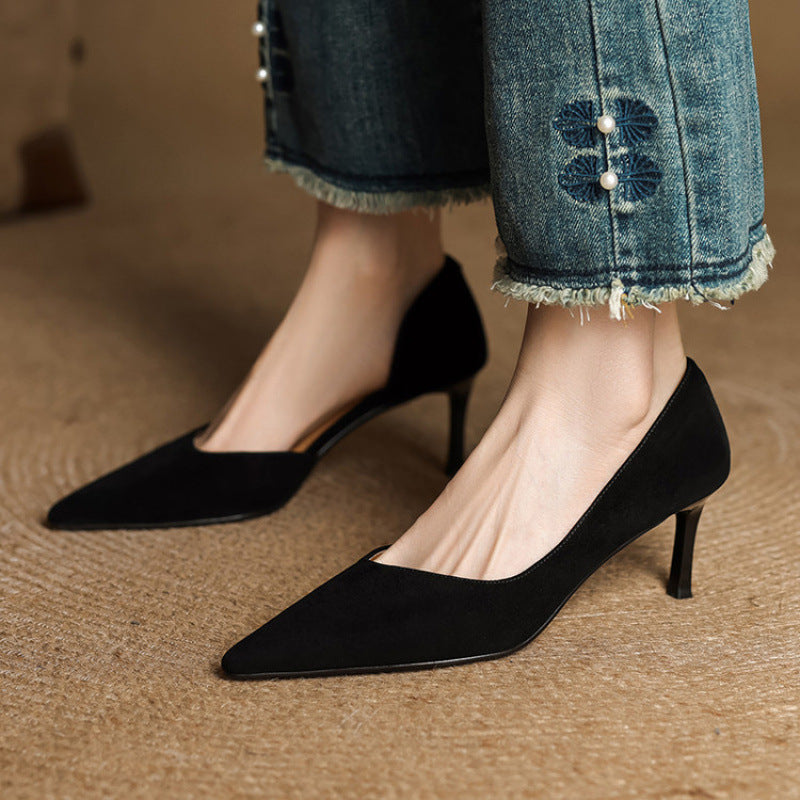 Midnight Black leather d'Orsay pump with elongated pointed toe, three-quarter view