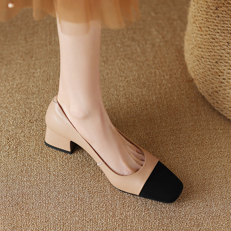 Midnight Black leather block pump, side view of 2-inch block heel