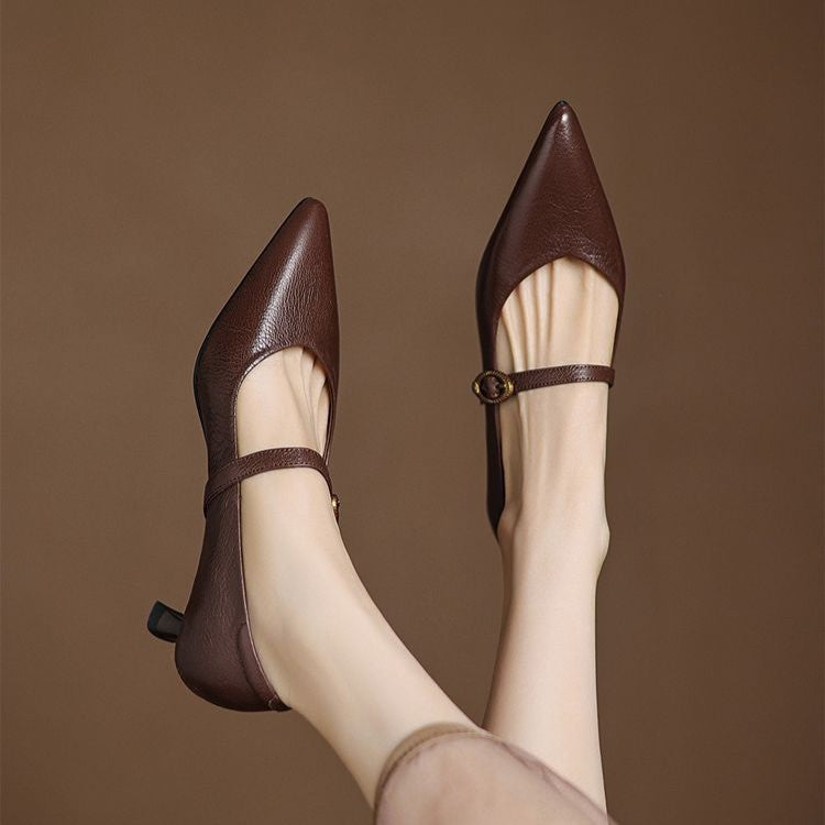 Noir Black Mary-Jane kitten heel, side view of 1.75-inch heel