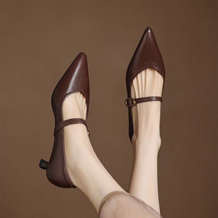 Noir Black Mary-Jane kitten heel, side view of 1.75-inch heel