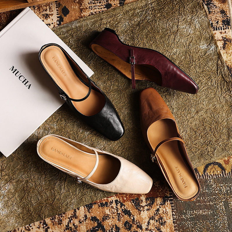 Camille | Square-Toe Leather Heeled Mules