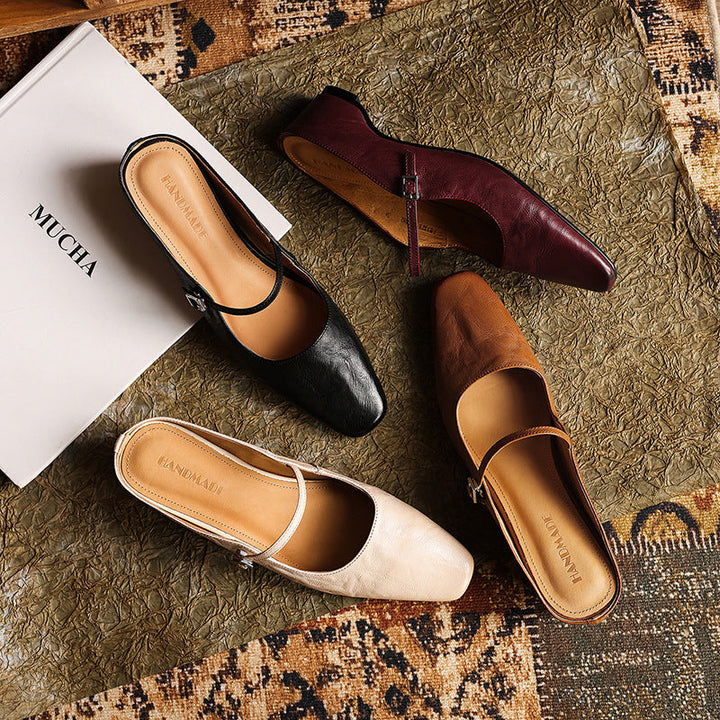 Camille | Square-Toe Leather Heeled Mules