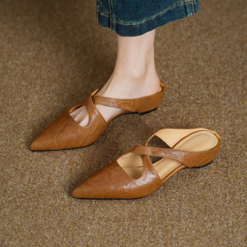 Cross-strap leather mule, back view showing the 1.5-inch block heel