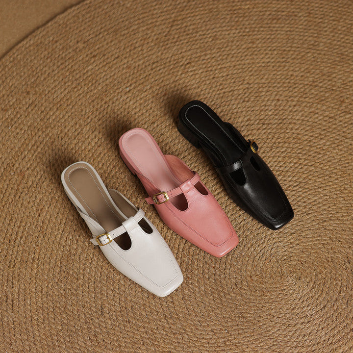 Edith | Square-Toe T-Strap Leather Mules