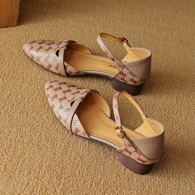 Woven leather Mary-Janes, top view of Soft Almond pair