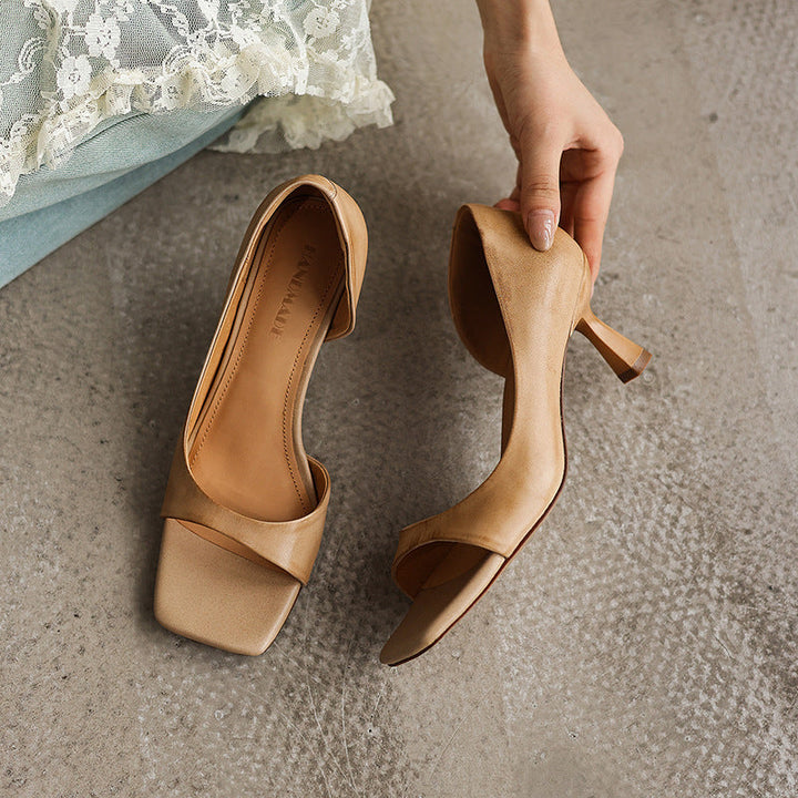Women's open square-toe leather heeled sandals, front view