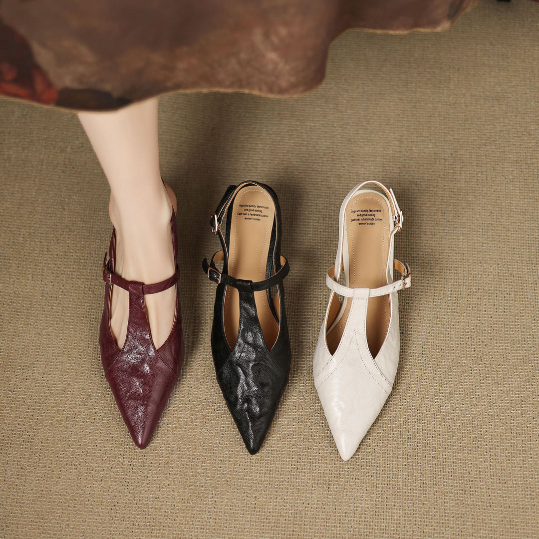 Estelle | Pointed Leather T-Bar Slingback Heels