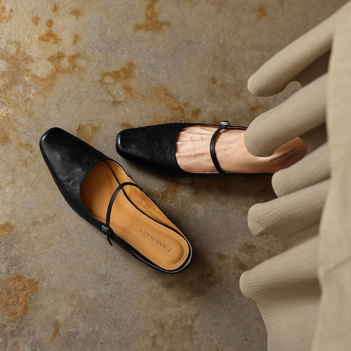 Camille | Square-Toe Leather Heeled Mules