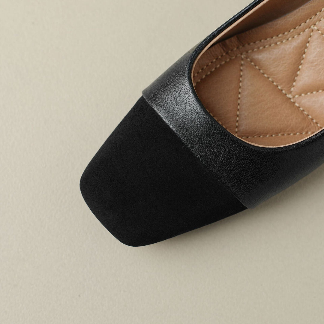 Roberta square-toe leather block pumps, both colors side by side