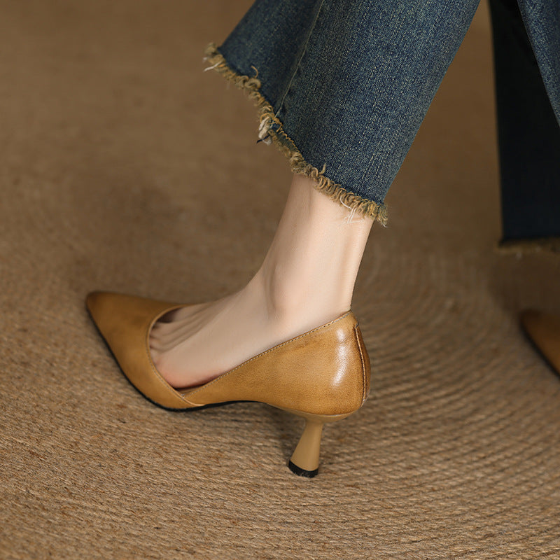 Pointed leather mid-heel pumps, top view of Caramel Tan pair