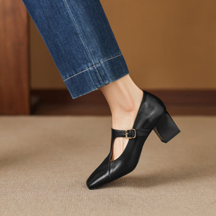 Doris | Square-Toe Leather T-Bar Heels
