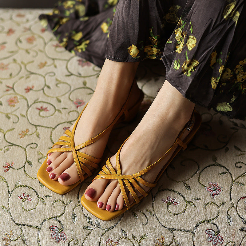 Warm Ivory leather sandal heel, side view of block heel