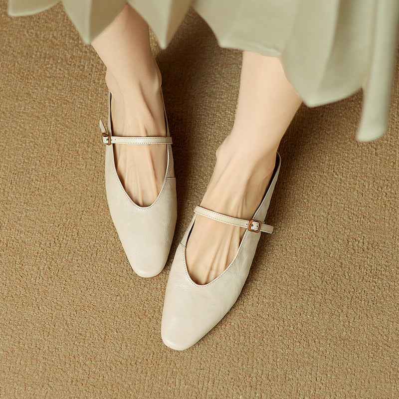 Women's strap leather flat mules, front view