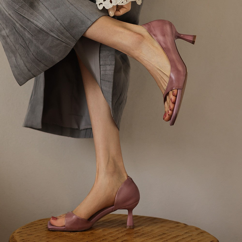 Juliette square-toe leather heeled sandal, three-quarter view