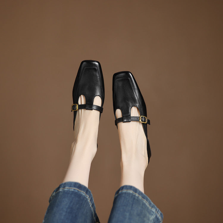 Edith | Square-Toe T-Strap Leather Mules