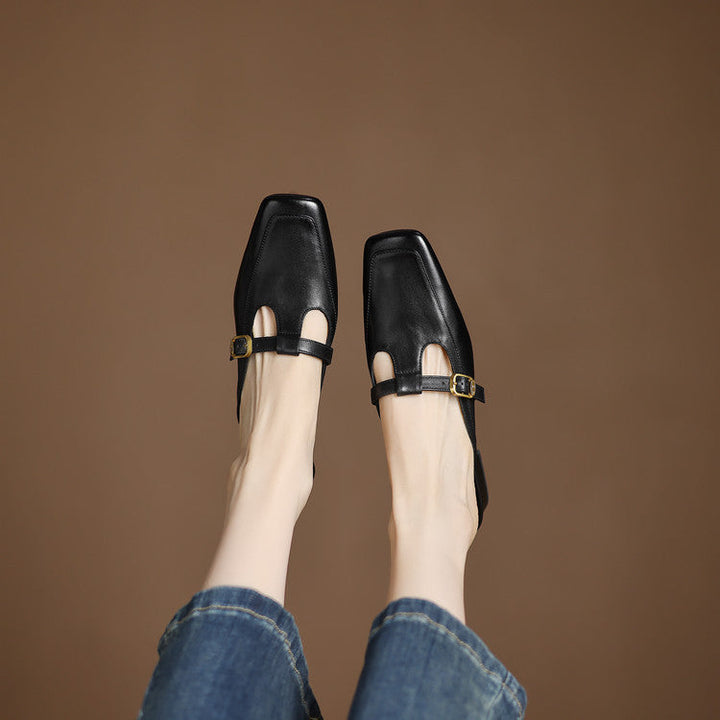 Edith | Square-Toe T-Strap Leather Mules
