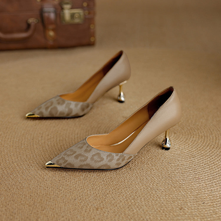 Vanessa leopard-toe leather sculpted heels, both colors side by side